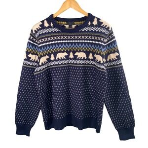 Magaschoni Navy Blue Bear Trees Fair Isle Knit Sweater‎ Large Nordic Cozy Ski